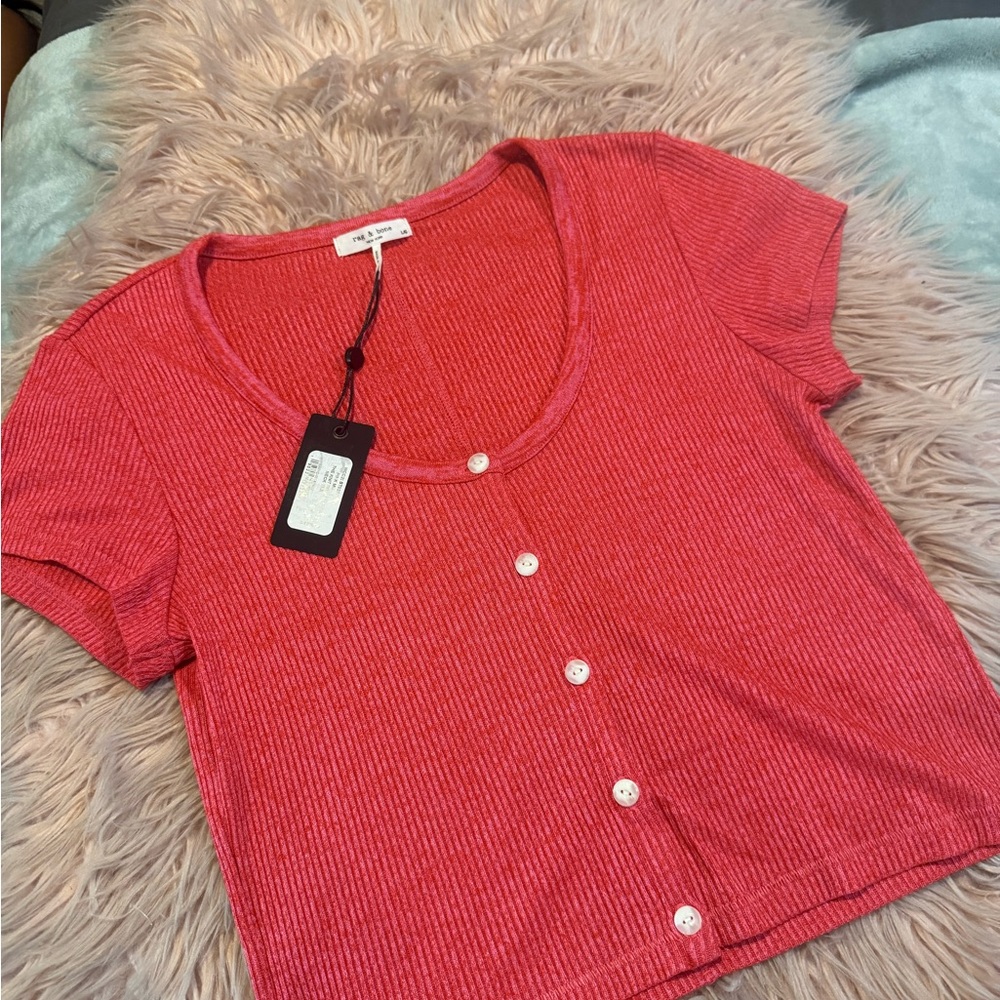 Rag&bone Trendy Red Ribbed Button-Up Top sz L